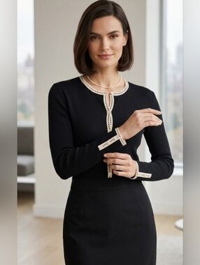 Ann Taylor 100% Silk Cardigan Black Cream Contrast Stitch Trim S